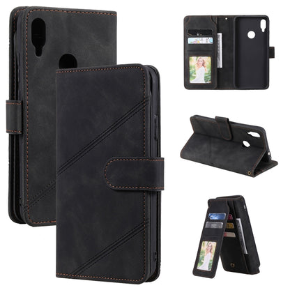 Black PU leather flip phone case with wallet slots, photo window, and stand view