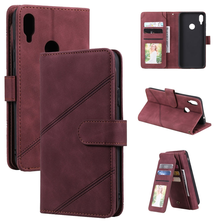 Burgundy PU leather flip phone wallet with multi-card slots and diagonal stitched folio