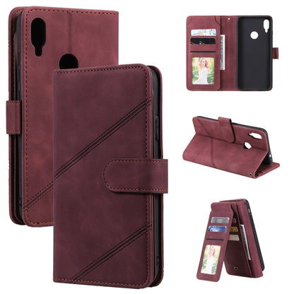 Burgundy PU leather flip phone wallet with multi-card slots and diagonal stitched folio