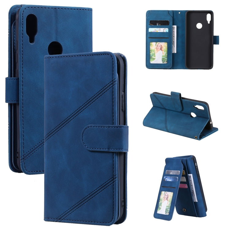 Blue PU leather horizontal flip phone wallet case with card slots and fold-out stand