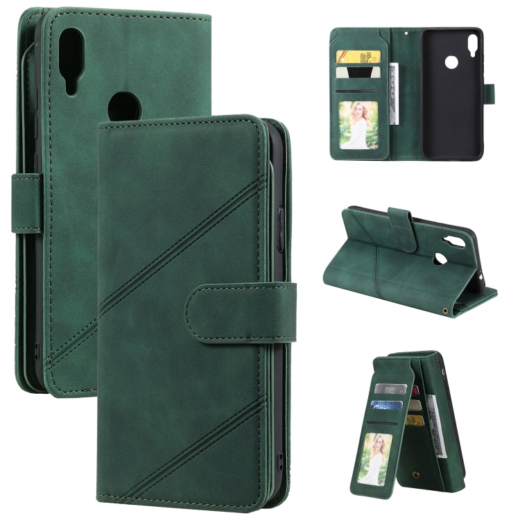 Green PU leather phone wallet case with card slots and flip-stand, photo window detail