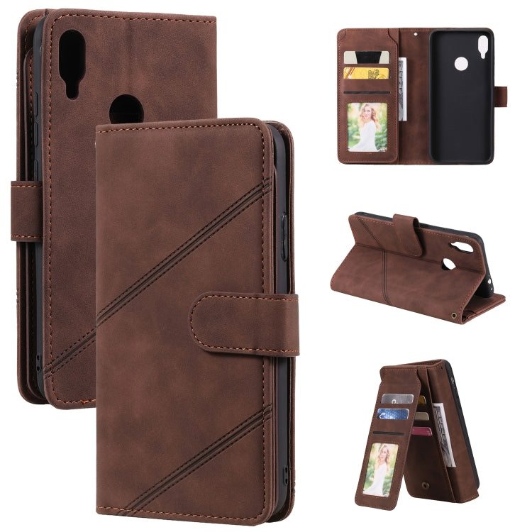 Brown PU leather wallet phone case with card slots, diagonal stitching, and flip stand