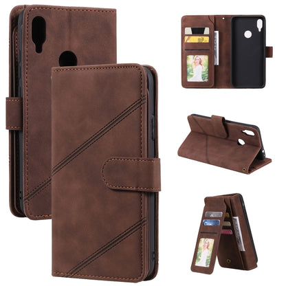 Brown PU leather wallet phone case with card slots, diagonal stitching, and flip stand