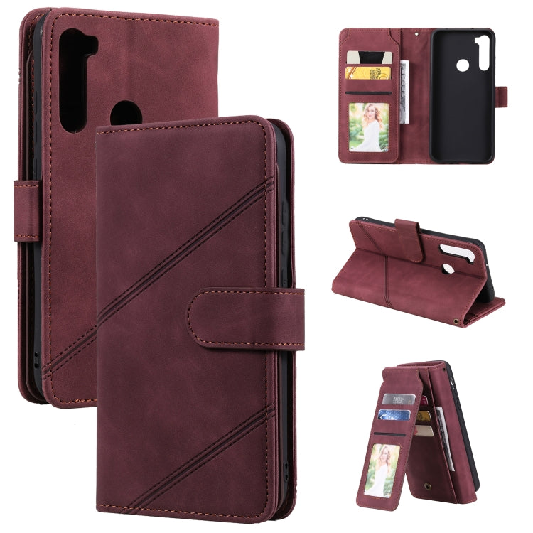 Burgundy PU leather phone wallet with card sleeves, magnetic flip cover, and phone cutouts
