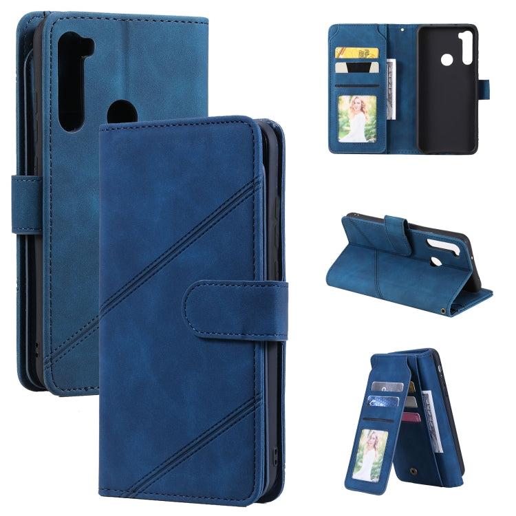 Blue PU leather flip phone wallet case with card holder windows and viewing stand