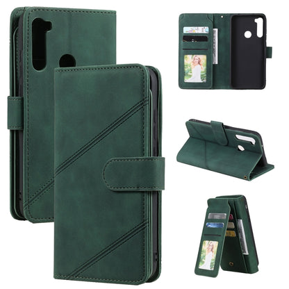 Green PU leather phone wallet case showing card slots, photo window, and fold-out stand