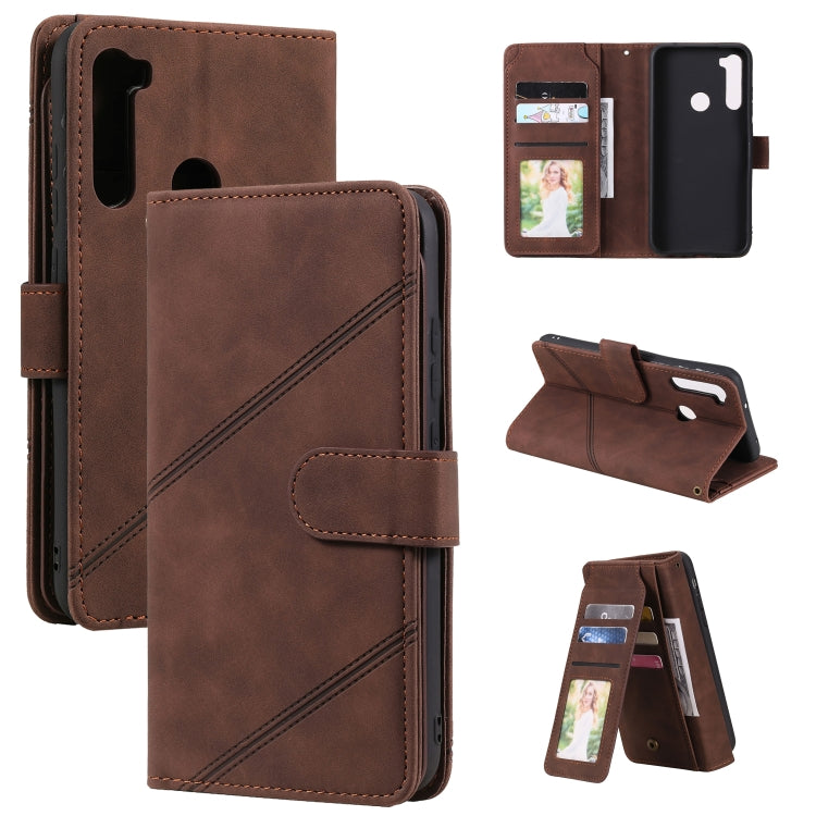 Brown PU leather wallet phone case with card holder window and folio stand, stitched design
