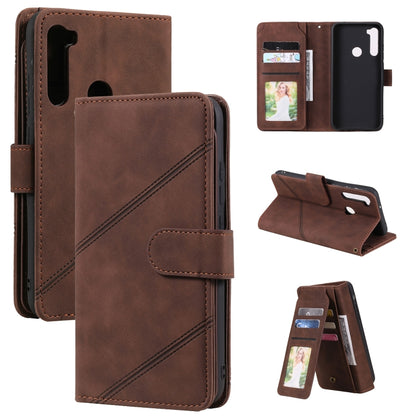 Brown PU leather wallet phone case with card holder window and folio stand, stitched design