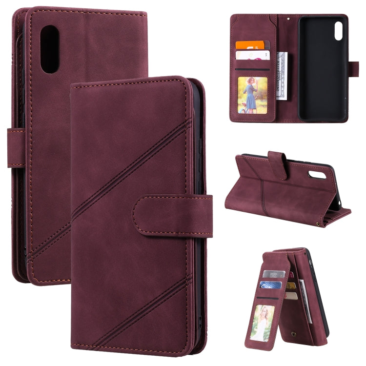 Burgundy PU leather flip phone case with card slots and stitched front pocket