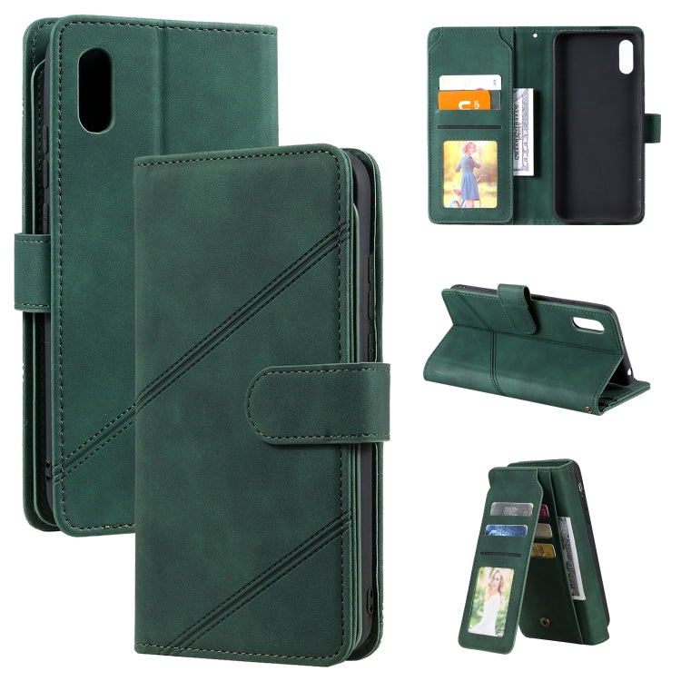 Green PU leather flip wallet phone case with card holder, photo window, and stand view