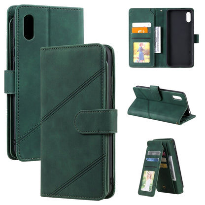 Green PU leather flip wallet phone case with card holder, photo window, and stand view