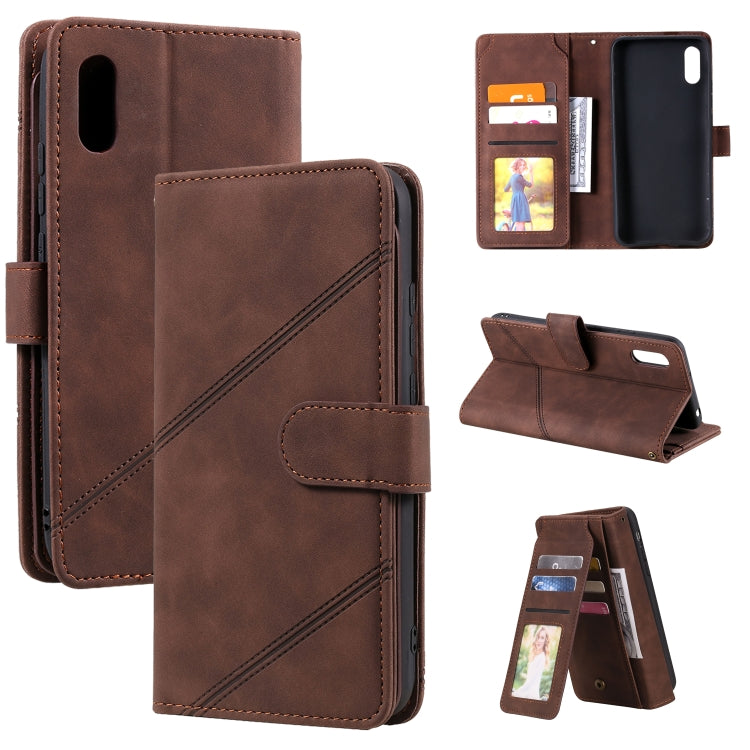 Brown PU leather phone flip case with front card slots, wallet pocket, and stand cover