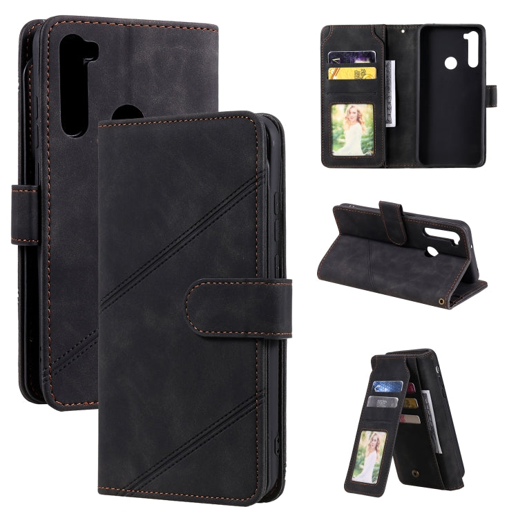 Black PU leather wallet flip phone case with card slots, photo window, and stand