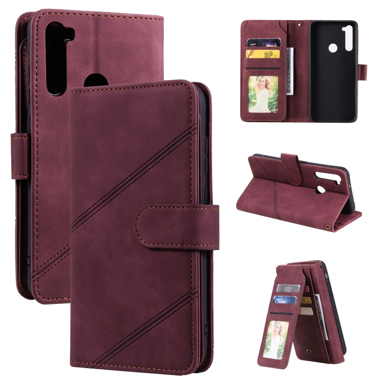 Burgundy PU leather flip phone wallet with card sleeves, stitched edges, and open back view