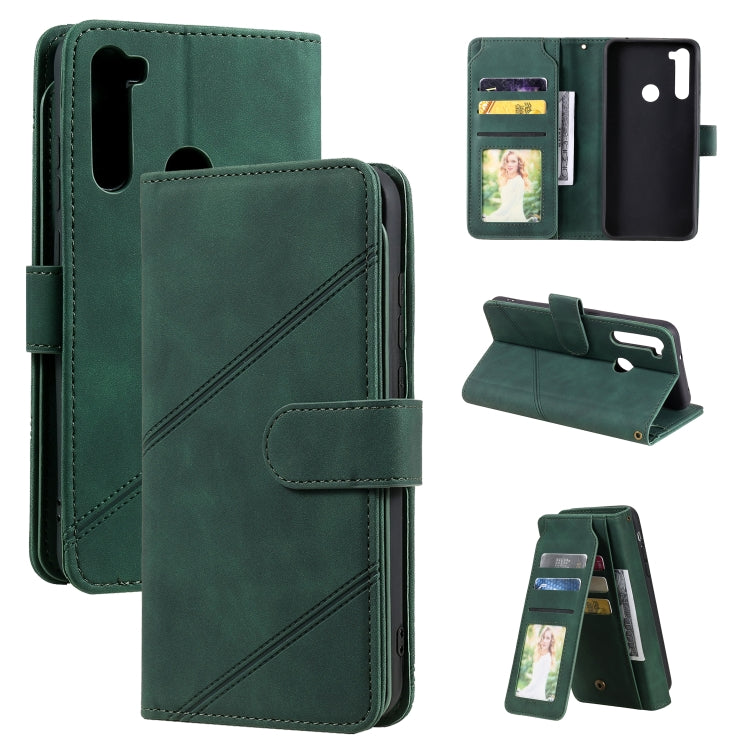 Green PU leather phone wallet case with card slots, photo window, and horizontal stand