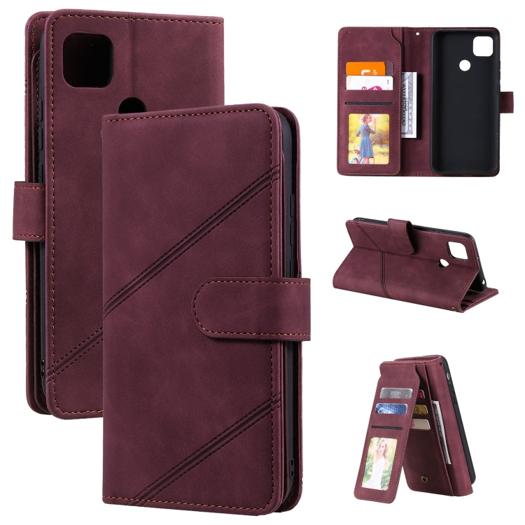 Burgundy PU leather flip phone wallet with multi-card slots and folding stand design