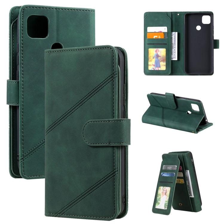 Green PU leather phone wallet case with card slots, photo window, and flip-stand