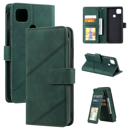 Green PU leather phone wallet case with card slots, photo window, and flip-stand