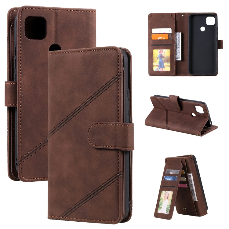 Brown PU leather wallet flip phone case with card slots and fold-out stand