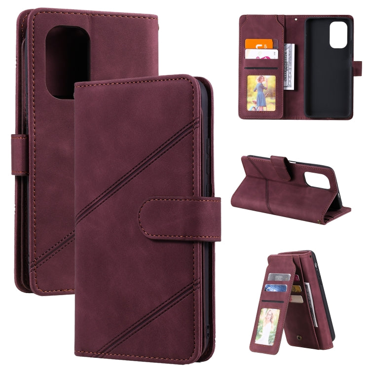 Burgundy PU leather flip phone wallet with card slots, front flap, and diagonal stitch pattern
