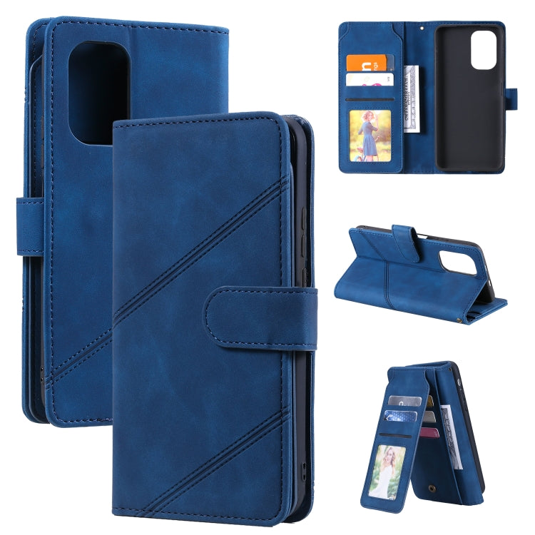 Blue PU leather flip phone wallet case with card slots and stand for hands-free use