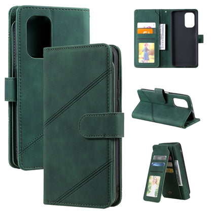 Green PU leather phone wallet case showing card slots, photo window, and stand positions