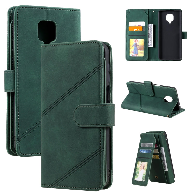 Green PU leather phone wallet case with card slots, photo window, and fold-out viewing stand