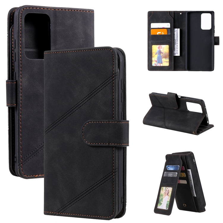 Black PU leather wallet flip phone case with card slots and built-in stand support