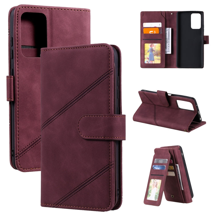 Burgundy PU leather horizontal flip phone case with card holder window and wallet