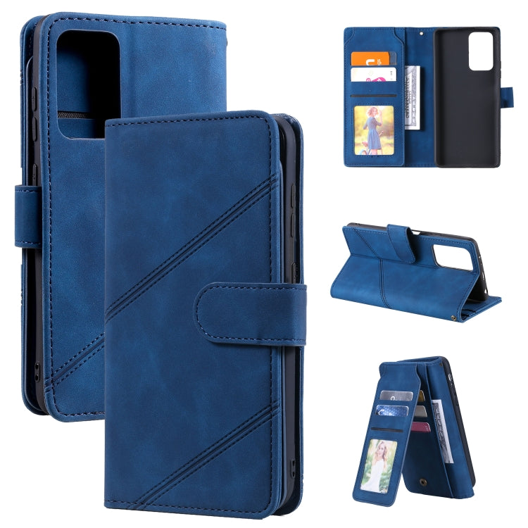 Blue PU leather flip phone wallet case with card slots and fold-out viewing stand
