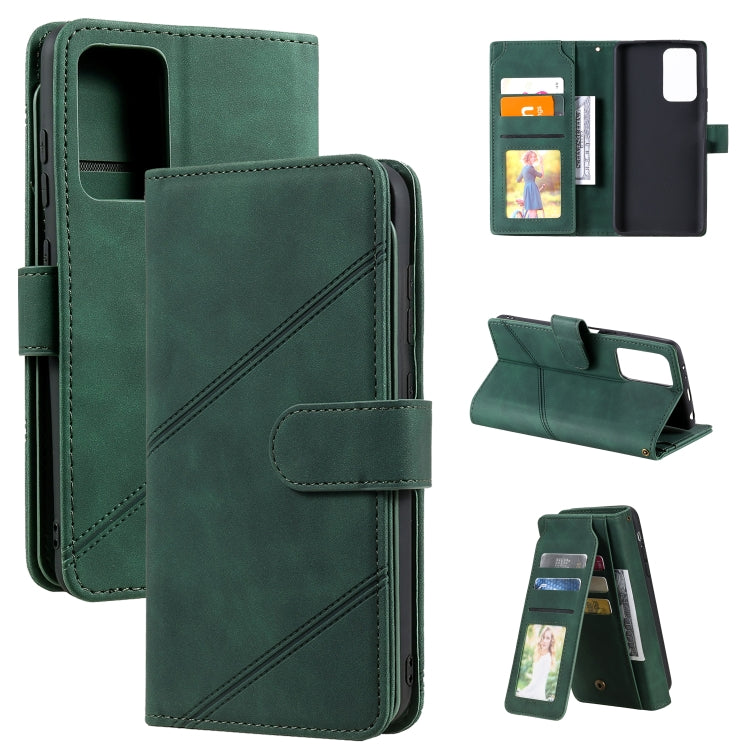 Green PU leather phone wallet case with card slots, photo window, and adjustable stand