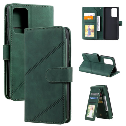 Green PU leather phone wallet case with card slots, photo window, and adjustable stand