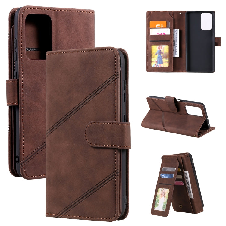 Brown PU leather flip wallet phone case with card holder pockets and viewing stand