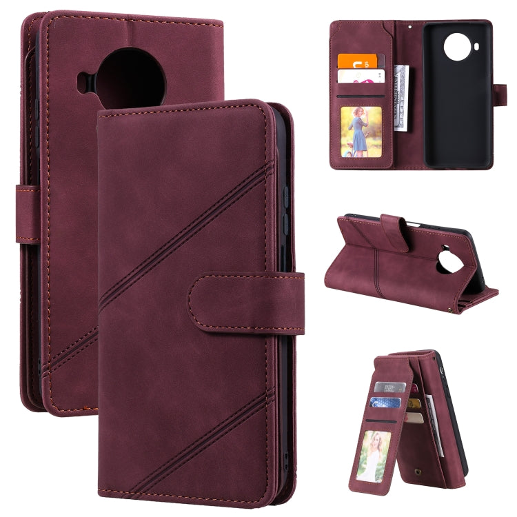 Burgundy PU leather flip phone case with card slots, wallet flap, and stand support