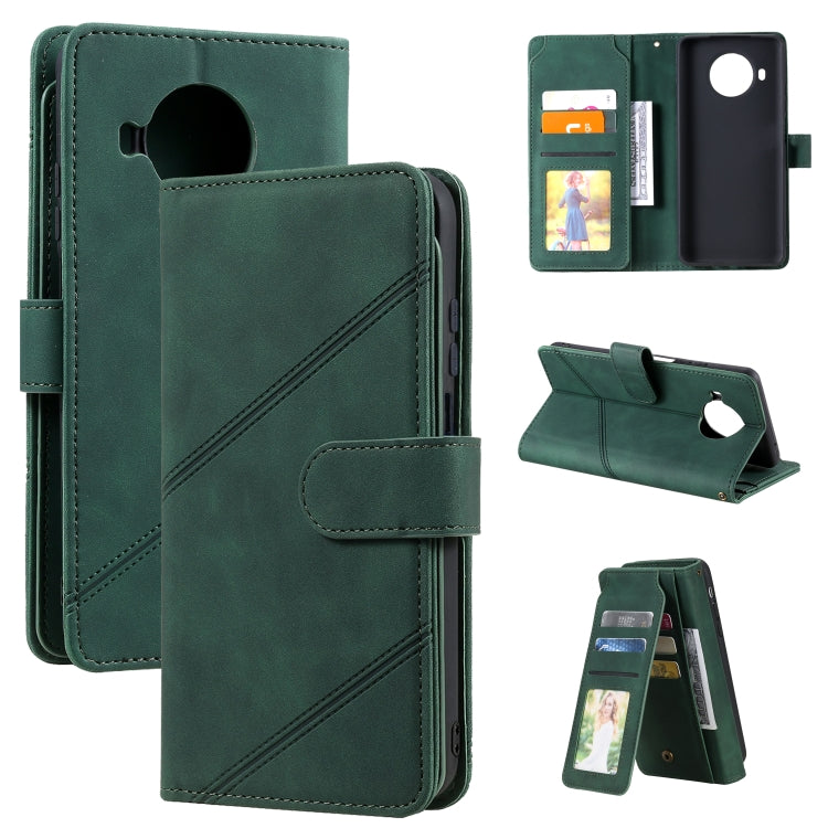 Green PU leather flip phone wallet case with card slots, photo window, and horizontal stand