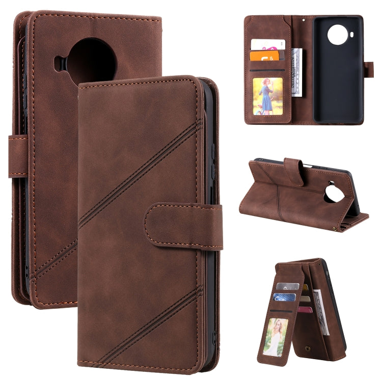 Brown PU leather flip phone case with front card slots and fold-up viewing stand