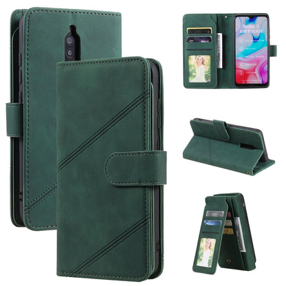 Green PU leather wallet phone case with card slots, diagonal stitching, and flip stand