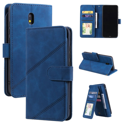 Blue PU leather flip phone wallet case showing side button cutouts and card slot