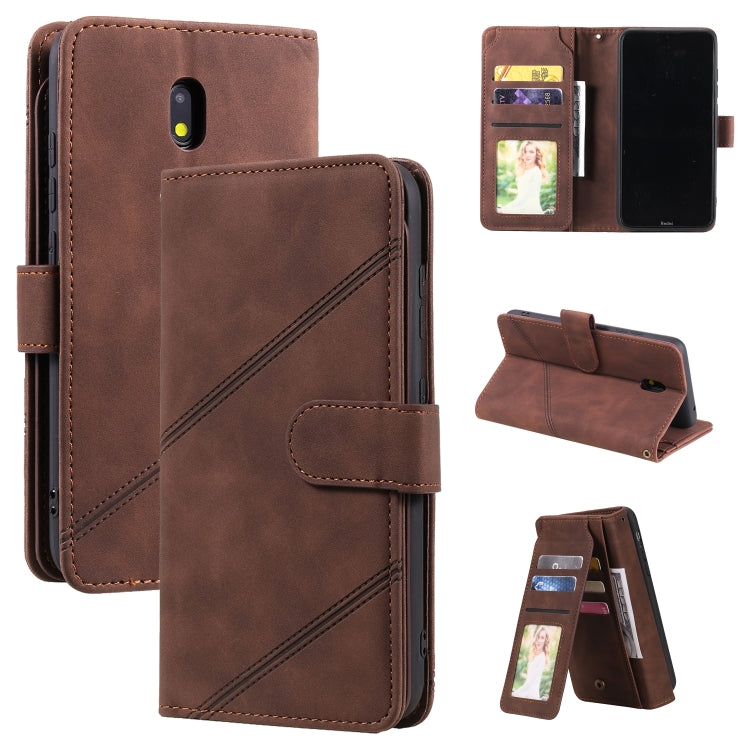 Brown PU leather flip phone case with card holder slots and fold-out stand