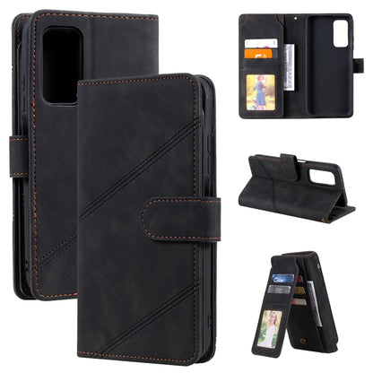 Black PU leather flip wallet phone case with card slots and folio stand for viewing