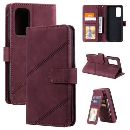 Burgundy PU leather flip phone case with card slots and stand viewing position