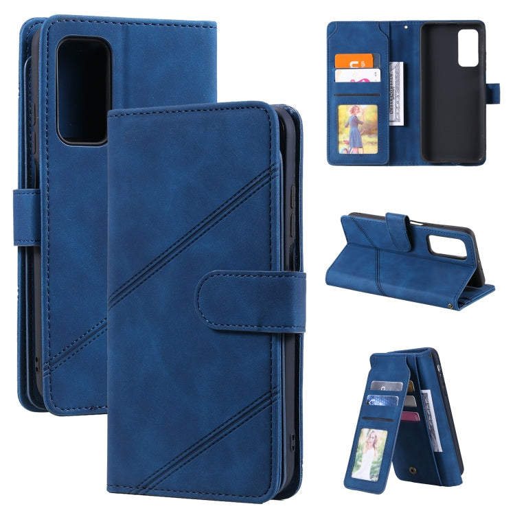 Blue PU leather phone wallet case with front flap, card slots, and stand angle