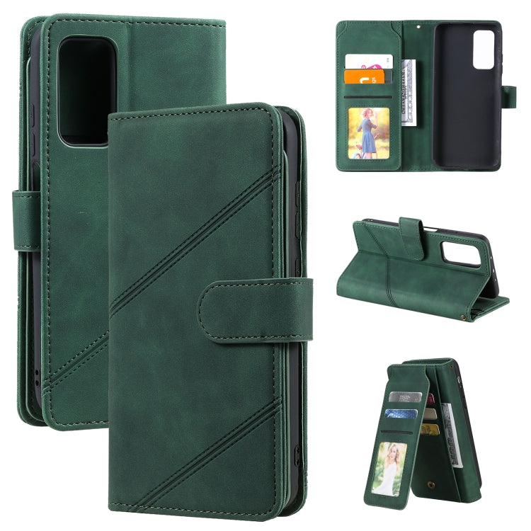 Green PU leather wallet phone case with side camera cutout, card slot window, flip stand