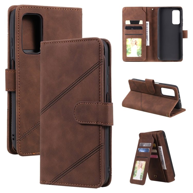 Brown PU leather folio wallet case with card slots, photo window, and flip cover