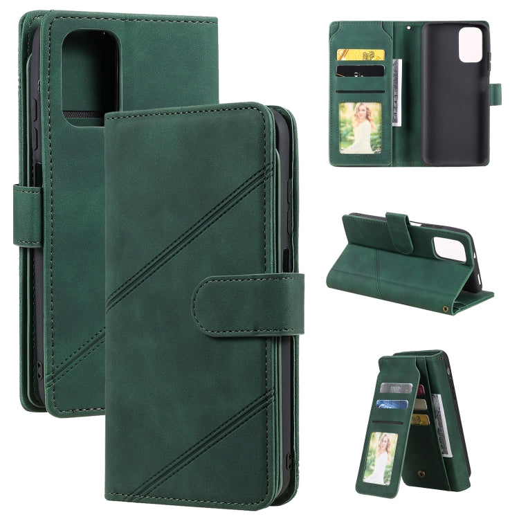 Green PU leather wallet phone case with card slots and folio stand, diagonal stitched design