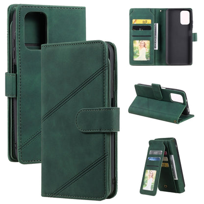 Green PU leather wallet phone case with card slots and folio stand, diagonal stitched design