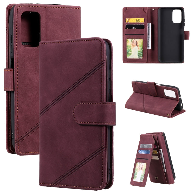 Burgundy PU leather horizontal flip phone case with card slots and side strap loop