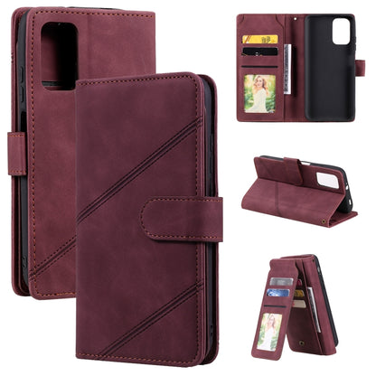 Burgundy PU leather horizontal flip phone case with card slots and side strap loop