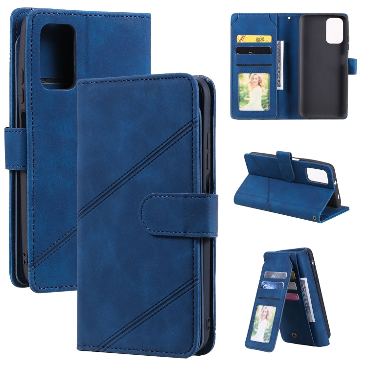 Blue PU leather flip phone wallet case with card slots and horizontal stitching