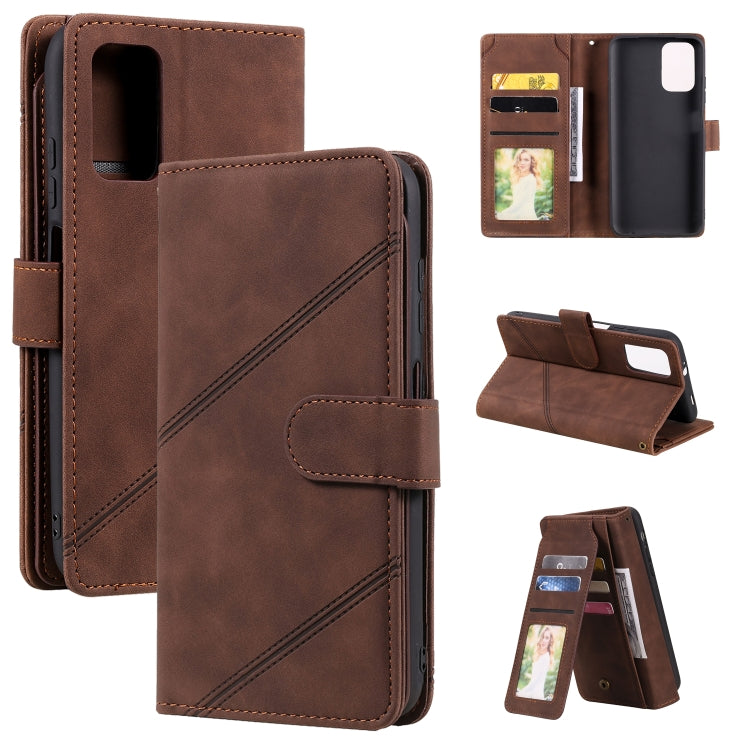 Brown PU leather folio wallet case with flip cover, card slots, and photo window
